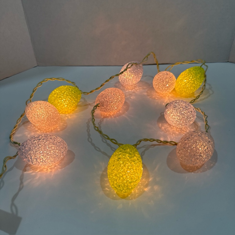 10 Easter Egg STRING LIGHTS Melted Plastic Popcorn GARLAND Vintage PINK BLUE